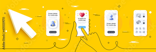 Phone payment, Loyalty points and Launder money line icons pack. Phone screen mockup with 3d alert bell, health and headshot. Cyber attack, Growth chart, Pie chart web icon. Vector