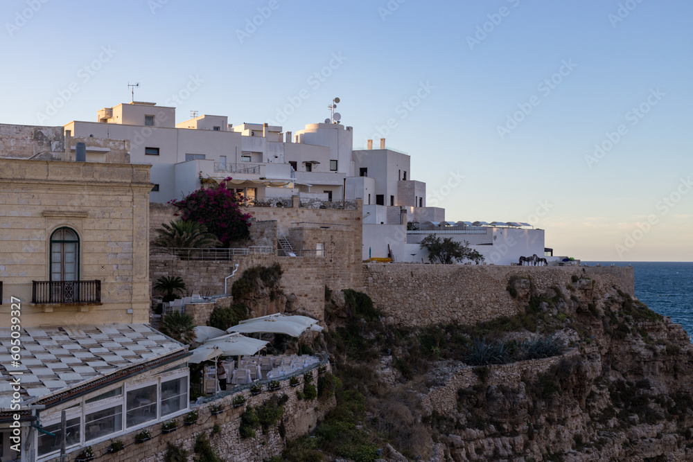 Beautiful view of the houses on the rock in Polignano a Mare.