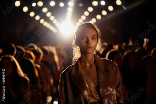 Young fashion model walking at a Fashion show during warm light on background. Generative Ai photo