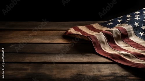 star striped flag of the USA on rough dark wooden surface with blank space for text. Generative AI