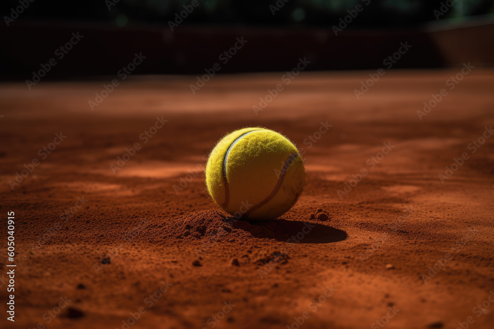 A yellow tennis ball lies on the clay court. AI