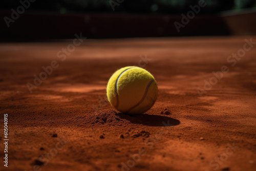 A yellow tennis ball lies on the clay court. AI © Kateryna