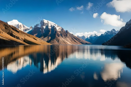 landscape of a frozen lake in the mountains covered with snow