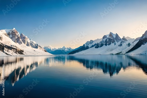 landscape of a frozen lake in the mountains covered with snow
