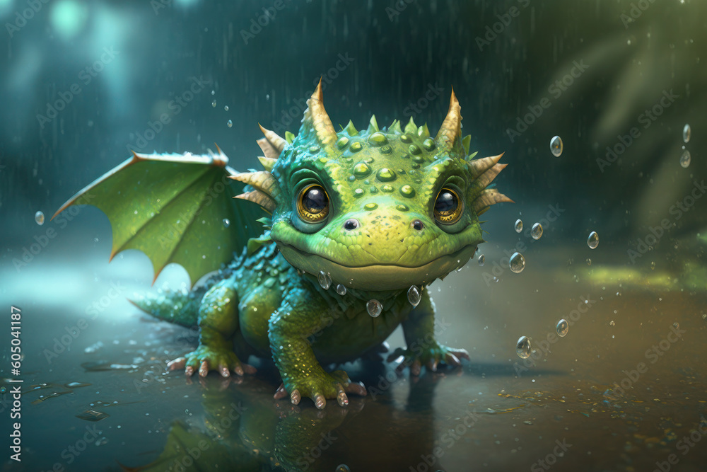Fototapeta premium a small, cute green dragon walks through puddles in the rain. autumn, spring or summer season. AI Generative