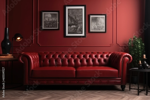 Leather chester sofa in a red lounge room or cafe with the black picture frame. home decor  panoramic. AI