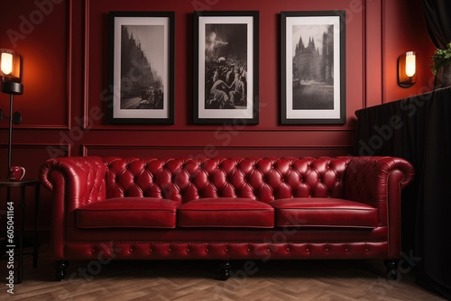 Leather chester sofa in a red lounge room or cafe with the black picture frame. home decor, panoramic. AI