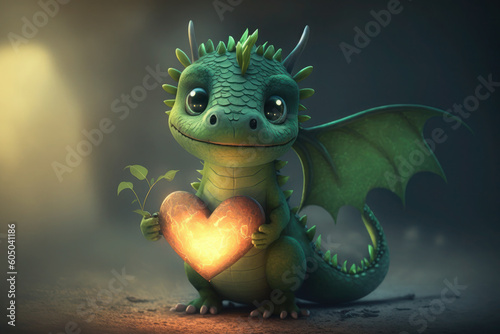 a small, cute green dragon holding a heart in her hands. congratulations on valentine's day, love. AI Generative