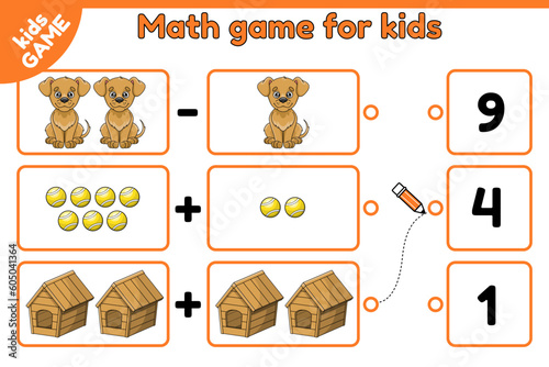 Math educational game for children. Addition and subtraction. Count and choose the correct answer. Worksheet for preschool and school education. Cartoon puppies, kennels and balls. Vector illustration