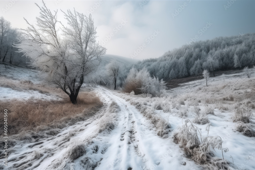 A snowy walk road in the mountains. Beautiful snowy landscape. AI