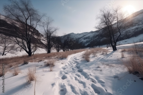 A snowy walk road in the mountains. Beautiful snowy landscape. AI