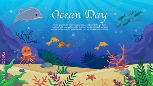 World oceans day. Representatives of underwater world, dolphins, fish and seahorses near reefs, corals and algae. International holiday and festival 8 June. Cartoon flat vector illustration