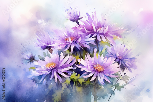 Generative AI. Watercolor drawing Aster flower. Summer bouquet