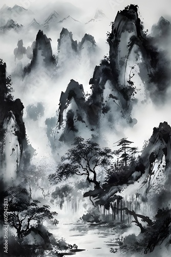 misty mountain landscape, Japanese Sumi-e Painting, Generative AI, Illustration