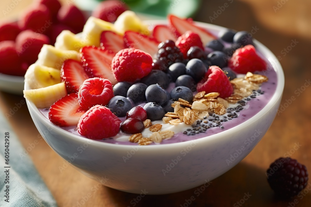 Healthy smoothie bowl with fresh fruits and granola. Close up high angle view. Generative AI