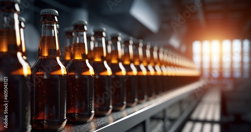 Beverage bottles in conveyor belt in factory process. Generative AI