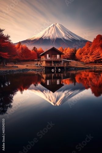 Amazing landscape view of snowy peak volcano reflected on mirror lake. Generative AI vertical shot