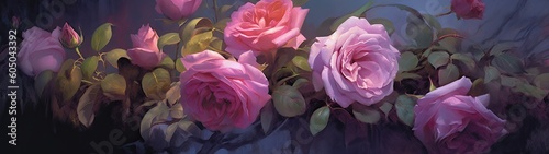 a bunch of beautiful roses with an etheriel essence, long horizontal background, 32:9 aspect ratio, rose garden, Floral-themed, horizontal format, photorealistic illustrations in a JPG. Generative ai photo