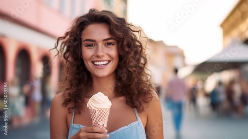 Young beautiful woman eating gelato in Italy. Head shot street photography. Generative AI