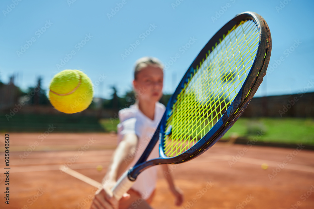 Close up photo of a young girl showing professional tennis skills in a competitive match on a sunny day, surrounded by the modern aesthetics of a tennis court.