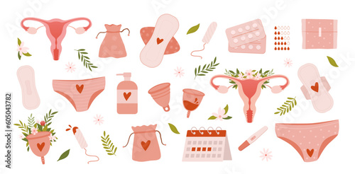 Set of women menstrual cycle vector illustrations. Menstruation cup, ovary, zero waste products, reusable sanitary pad, calendar, pregnancy test, tampon, pill