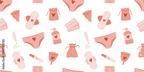 Women hygiene elements seamless pattern. Menstruation cycle, ucunderpants, sanitary pads, tampons, menstrual cup..vector illustration
