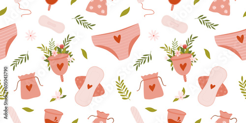 Women hygiene seamless pattern. Menstruation cycle, ucunderpants, sanitary pads, tampons, menstrual cup..vector illustration. Zero waste period