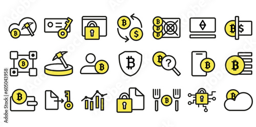 Bitcoin, blockchain and cryptocurrency line icons. Bitcoin mining, calculator, encryption, dollar, wallet cryptocurrency growth. Vector illustration