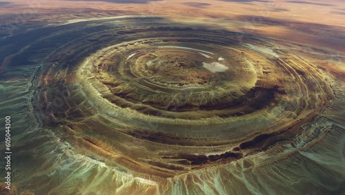 Circular aerial drone view of the Richat Structure; Mauritania; in the Sahara desert. Africa