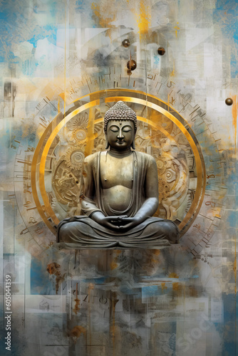 Amitabha Buddha behind the art in this framed collage, in the style of industrial precision, grey, gold and blue, algorithmic art, clockpunk, realistic watercolors, precision art. created with ai photo