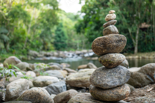 Rocks balanced in waterfall. Zen balance and meditation