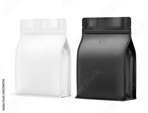 White and black stand-up pouch bags with flat bottom side gusseted and air valve. Realistic mockup. Half side view. Perfect for the presentation your product. EPS10.	