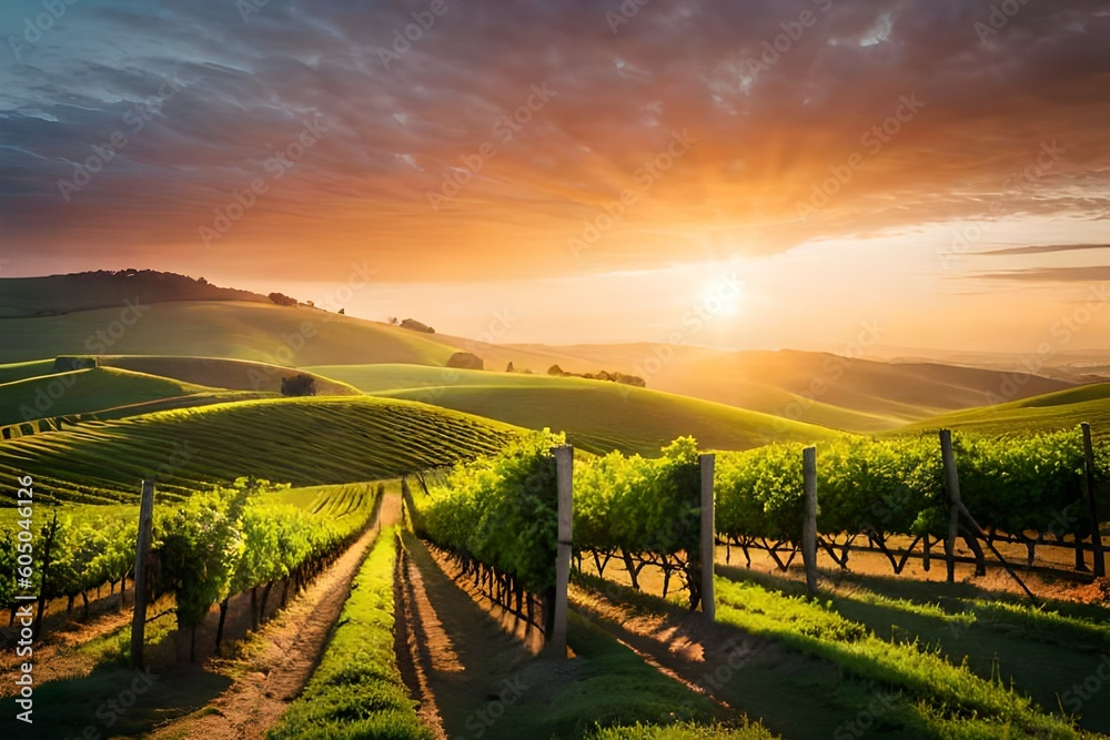 vineyard in the morning with a beautiful view of scattered clouds in the sky