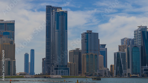 Sharjah city view  high rise buildings with lagoon