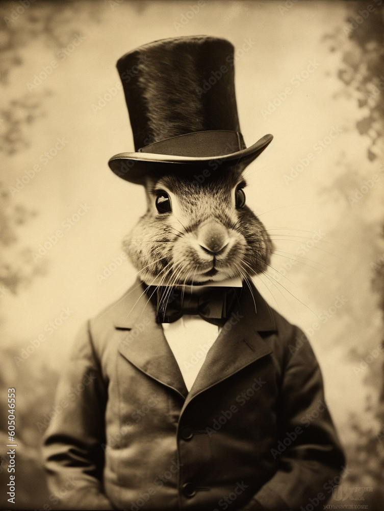 Antique Photo of a Rabbit Dressed as a Gentleman in a Suit and Top Hat | Generative AI