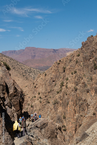 Tourists walking in the mountains of the Ourika Valley in Morocco