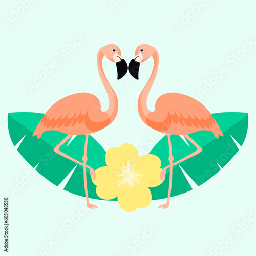 Background with two flamingos and leaves.