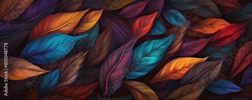 a horizontal backgound with Colorfully drawn leaves, graphic pattern,  Nature-themed, , photorealistic illustrations in a JPG. Generative AI © Purple Penguin GFX