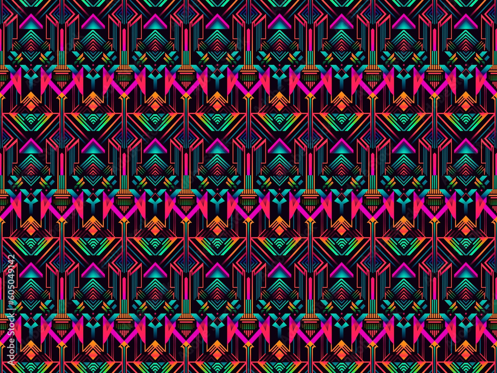 Seamless pattern background of folkloric, abstract and psychedelic shapes. Trendy wrapping paper modern and contemporary style. Ai generated.