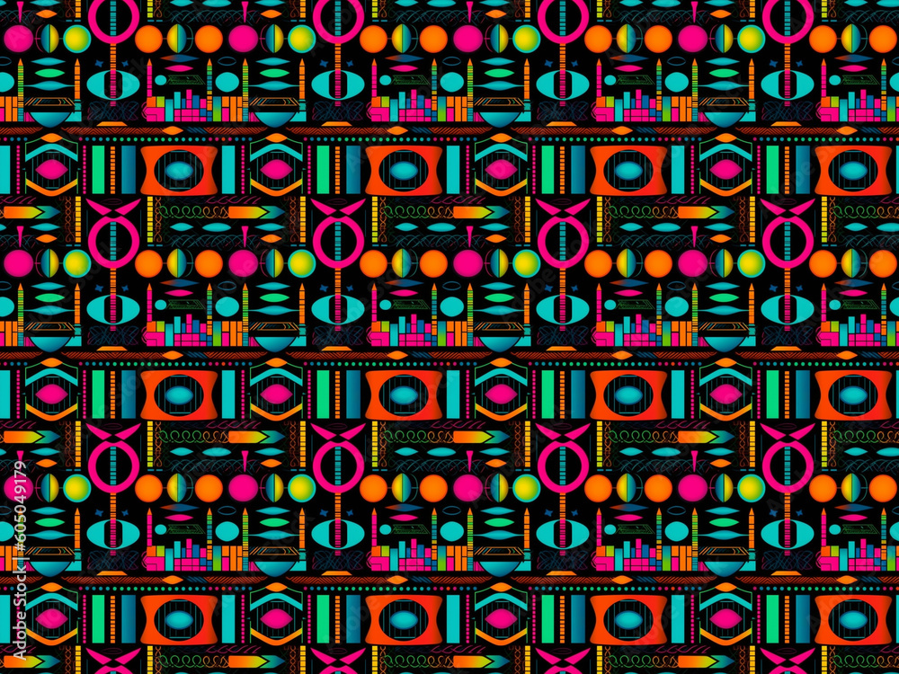 Seamless pattern background of lunar phases and the silhouette of the city very colorful with neon lights. Trendy wrapping paper modern and contemporary style. Ethnic print with fluorine colors.