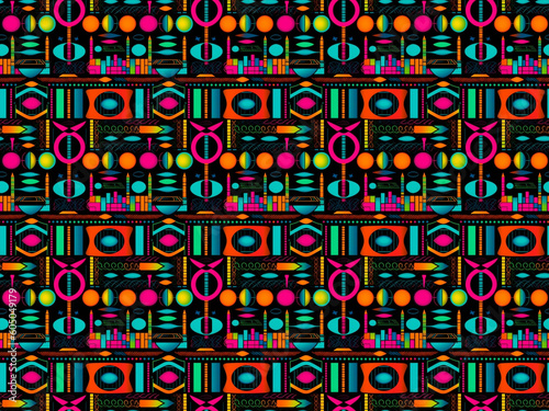 Seamless pattern background of lunar phases and the silhouette of the city very colorful with neon lights. Trendy wrapping paper modern and contemporary style. Ethnic print with fluorine colors.