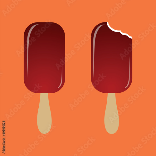 Chocolate ice cream on a stick whole and with bite marks.