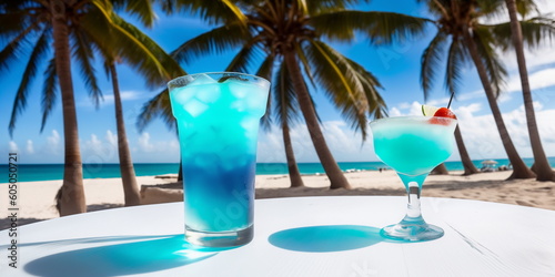 A blue cocktail in a glass on a white table against the background of a sea beach on a bright sunny day under palm trees. Generative AI.