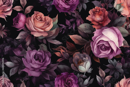 hand drawn seamless pattern of Pink and purple roses in black background