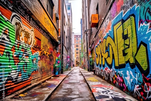 Vibrant Urban Canvas: Exploring a Graffiti-Filled Street © myke