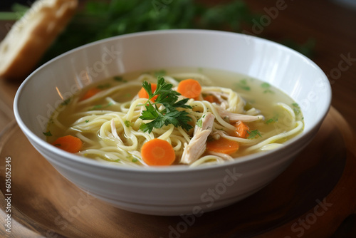 A bowl of chicken noodle soup generative AI