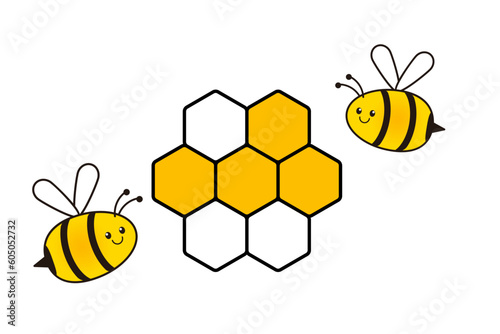 Bee with honeycomb illustration. Clipart image isolated on white background