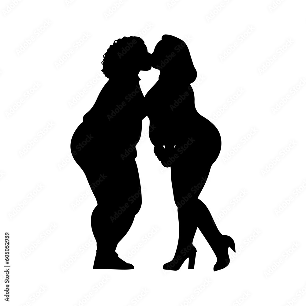 Vector illustration. Fat lgbt woman silhouette kiss. Partner.
