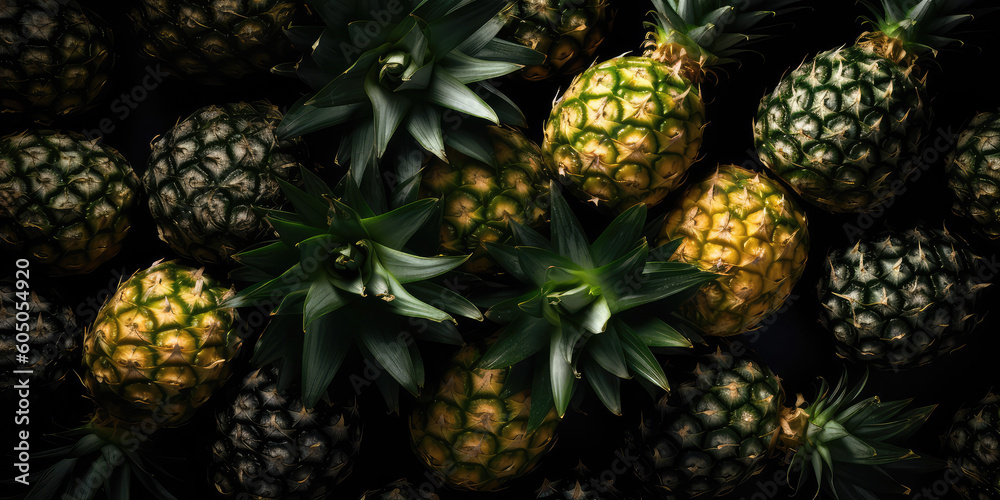 Creative fruit wallpaper with many ripe pineapples. Lots of tasty pineapples view from above. Top view of a bunch of tropical fruits. Horizontal banner. Generative AI professional photo imitation. Creative fruit wallpaper with many ripe pineapples. Lots of tasty pineapples view from above. Top view of a bunch of tropical fruits. Horizontal banner. Generative AI professional photo imitation.