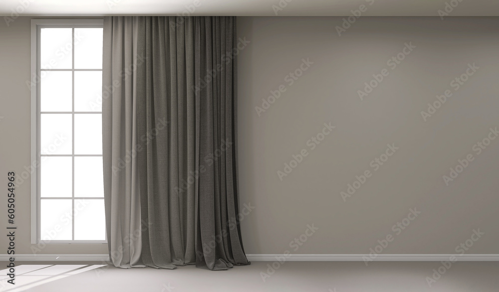 Fototapeta premium Three layers of black side curtain, gray blackout drapery, beige fabric drape, blank gray wall, baseboard, sunlight from window on floor. Interior design decoration product, space background 3D